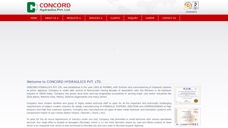 CONCORD HYDRAULICS, Hydraulic systems, Lubrication systems, High flow hydraulic systems, High pressure hydraulic systems, Hydraulic Cylinders, Hydraulic Adaptors, Hydraulic power pack system, Hydraulic valve stands, Hydraulic Flanges, Hydraulic Fittings, Hydraulic Valve Stands and Block Assemblies, Hydraulic Power Pack, Hydraulic Erection and installation, Hydraulic Piping, Hydraulic system manufacturer in Mumbai, Hydraulic power pack manufacturer in India, Block assemblies, Accumulator Stands, Flanges & Fittings, Pipe Clamps, Portable Filtration Unit, Eaton Hydraulics.